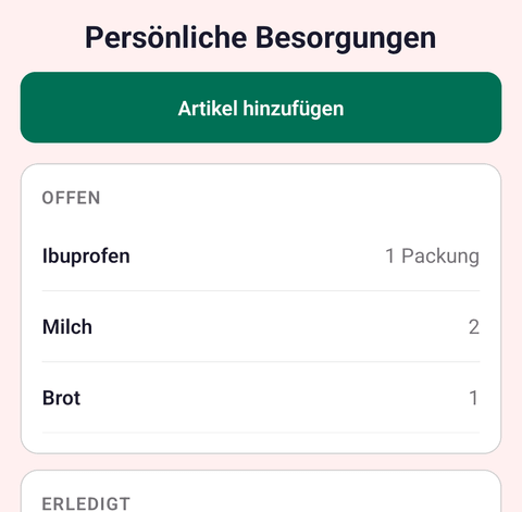 Screenshot: Besorgungsliste mit offenen Artikeln (Ibuprofen, Milch, Brot)