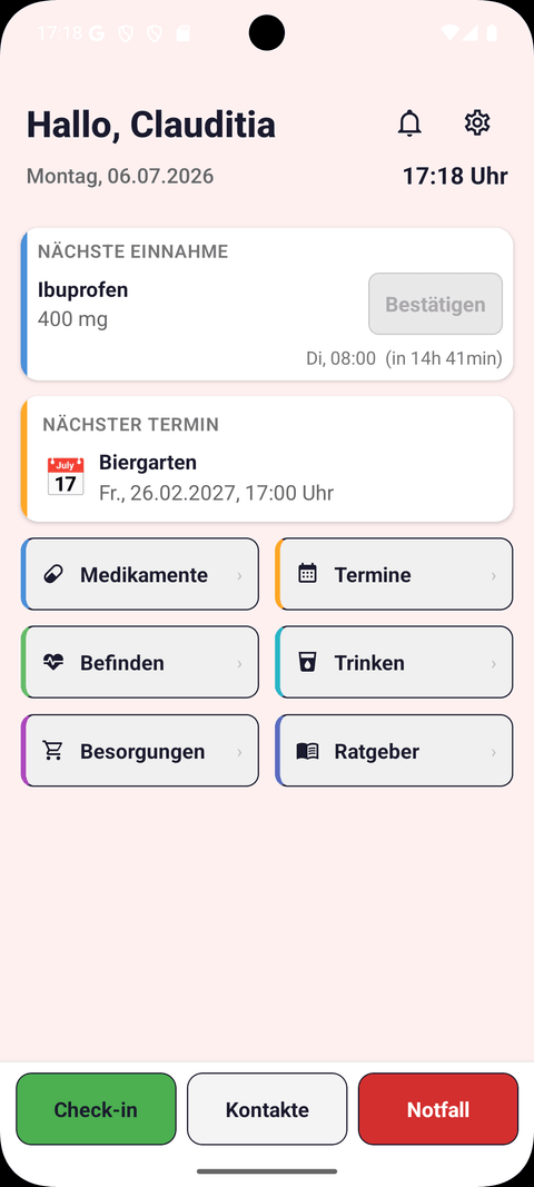 Screenshot: Startbildschirm der App mit Begrüßung, nächster Einnahme und Kacheln