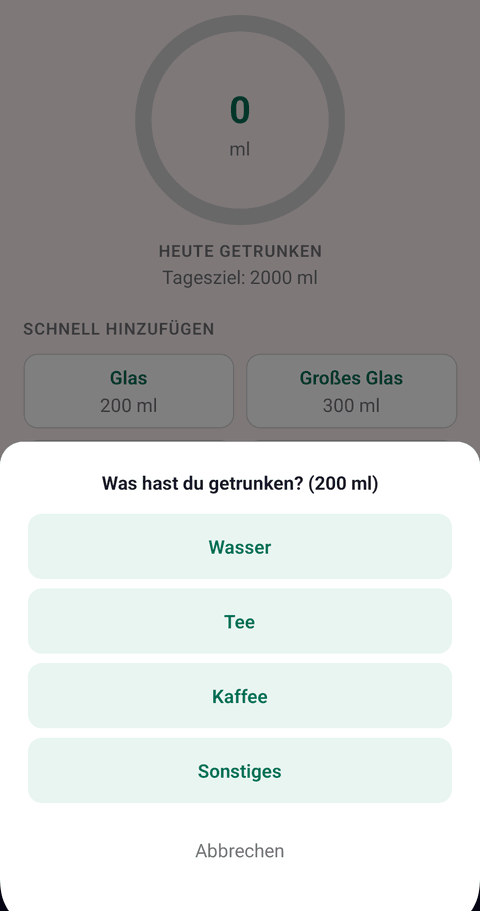 Screenshot: Trink-Tracker mit Tagesziel, Ring-Anzeige und Schnellauswahl